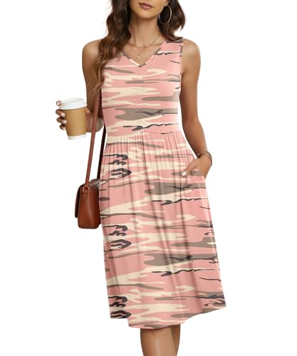 Image of NILOUFO Sleeveless Dress for Women Summer Knee Length Sundress with Pockets | Sundresses for Women Tank Empire Waist Sun Dress Cold Shoulder Casual V Neck Midi Dress Flowy Summer Dresses for Women