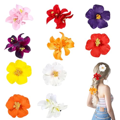 Yotlein 10 Piezas Flor Hawaiana Pelo, Pinzas de Plumeria y Hibiscus, Horquilla de Flores Artificiales, Doble Orquídea Flores para el Pelo, Accesorios para el Cabello para Vacaciones