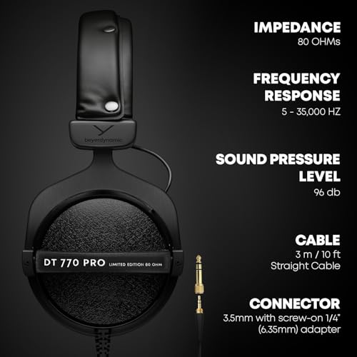 beyerdynamic DT 770 Pro 80 ohm Limited Edition Professional Studio Headphones, Black