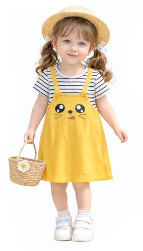 Image of Bold N Elegant Multicolor Stripe Cartoon Face Summer Tunic Pinafore Pinny Midi Dress Frock for Infant Toddler Baby Girls