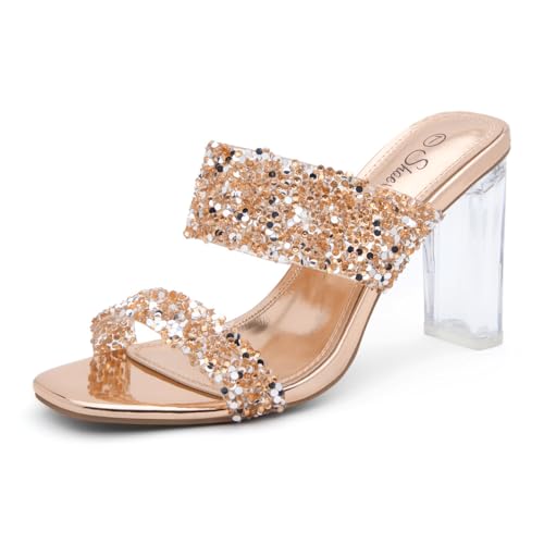 Image of Shoe Land Clear Heels for Women, Transparent Two Strap Chunky Block High Heel Mules, Slip On Square Toe Dressy Sandals for Wedding, Party, Prom