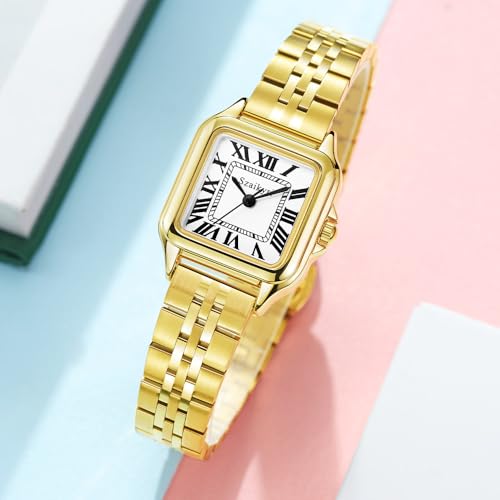 Szaikyri Classic Square Watches for Women with Roman Numerals Ladies Casual Dress Watch (Gold White) - Image 2