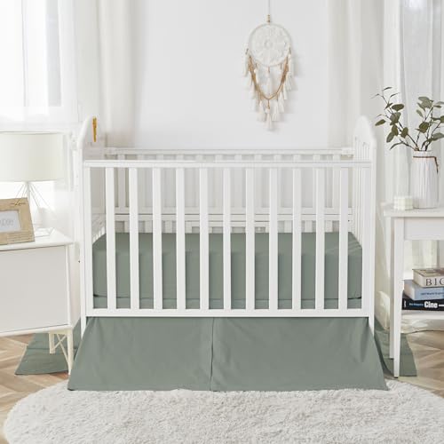 Image of Brandream Gender Neutral Boho Bohemian Baby Girl Boy Nursery 3 Pieces Crib Bedding Set Solid Green Farmhouse Chic Unisex Cozy 100% Washed Cotton Like Linen Supersoft