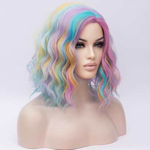 Image of BERON Girls Rainbow Wig Short Curly Hair Wig for Women Colorful Body Wave Wigs Colorful Bob Halloween Cosplay Party or Daily Use Wigs
