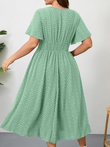 Image of RWJ Women's Plus Size Maxi Dress V Neck Short Sleeve Swiss Dot A Line High Waist Boho Swing Casual Summer Dresses