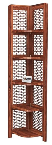 Image of Sheesham Wood Brick Corner Shelf for Living Room Bedroom Home | CNC 5 Tier Corner Bookshelf | Wooden Ladder Bookcase Display Unit (Honey Finish)