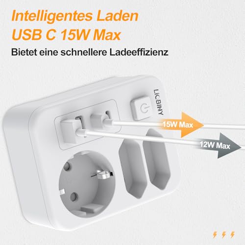 Doppelstecker für Steckdose mit 4 USB, 7 in 1 Steckdosenleiste 3 Fach Mehrfachsteckdose mit Schalter 3680W 16A Steckdosenadapter, Mehrfachstecker USB C Steckdosenverteiler für Büro Hause, Weiß 3