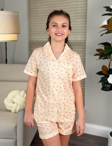 Image of Arshiner Girls Pajamas Sets Short Sleeve Kids Pjs Button Down Sleepwear | Cute Printed Pajamas for Little & Big Girl, Lightweight Comfy Fabric, 2-Piece Outfits, Perfect for Lounge Pajamas Party