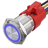 APIELE 19mm Momentary Push Button Switch On Off Stainless Steel with 12V LED Angel Eye Head for 19mm 3/4 Mounting Hole with Wire Socket Plug Self-Reset (Blue)