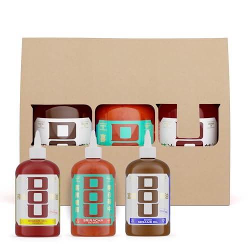 Dou by Uncle Chen Three Generations Gift Set - Sriracha, Sesame Oil, and Chili Spiked Oil Sampler Variety Pack, Great Gift for Foodies, Vegan, Gluten Free, Low Sodium, MSG Free, Small Batch, Made in the USA, Pack of 3
