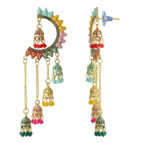 Image of WORLD CRAZE Multicolour long kashmiri jhumka for women chandbali earrings chand baliyan | kashmiri earrings for women | bahubali earrings stylish | Traditional Indian Festive Jewelry | Long Chain Tassels | Pearl Drop Latkan Jewellery (Multi colour)