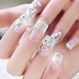 Auwoyss Crystal Press on Nails Square Fake 3D Rhinestone False Medium Length Glitter Sparkle Luxury Full Cover Acrylic Nails Tips Gel Fancy Stick on Nails Bride Art Gel Artificial Wedding