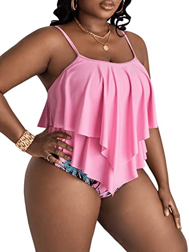Soly Hux Women's Plus Size Tropical Print Flounce Ruffle High Waisted Bikini Set Bathing Suits 2 Piece Swimsuits Pink 2Xl #TOP3