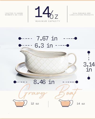 Getstar Gravy Boat with Saucer, Cranberry Sauce Dish Thanksgiving, Ceramic Gravy Dish Bowl, Microwave & Dishwasher Safe (Embossed Checks) - Thumbnail 3