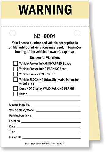 SmartSign NCR 2-Part Perforated Numbered Parking Warning Ticket | 3.75" x 6.25" Manila Tag with Adhesive Strips, Pack of 50