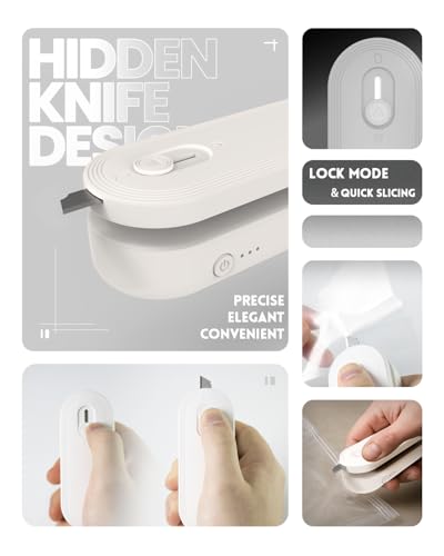 Mini Bag Sealer and Cutter, 1800mAh Rechargeable Chip Bag Sealer Handheld Heat Seal, 3 Heat Modes, Magnetic & Hanging Design, Portable Bag Sealing Machine for Heavy Duty Plastic Snack Cookie Bag