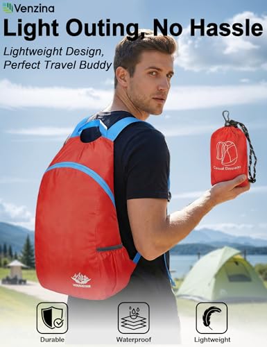 Image of Venzina Durable Waterproof Lightweight Packable Backpack, Foldable Travel Daypack for Hiking and Work, Unisex Men Women Compact Backpack for Outdoor, Gym, Shopping