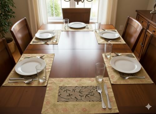 Image of Brocade Silk Placemats for Dinning Table 12 x 18 Inches Hand Embroidered, Set of 6 Decorative Placemats for Home (Beige Gold)