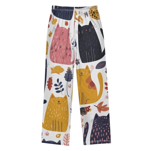 Cat Autumn Leaf Boys Long Pants Soft Trousers Elastic Waist Kids Lounge Bottoms with Pockets S-XL2