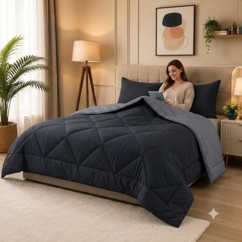 Image of 220 GSM Comforter Single Bed | Microfibre Reversible AC Blanket Duvet Quilt Single Bed for Summer | Comfortable and Super Soft (Black & Grey)
