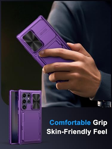 Image of Vihibii for Samsung Galaxy S23 Ultra Case with Card Holder & Sliding Camera Cover & Kickstand, Shockproof Rugged Hard Back & TPU Edge Wallet Case for Galaxy S23 Ultra 5G 6.8 inch 2023, Dark Purple