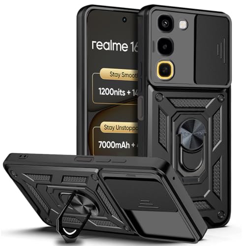 Image of AESTMO Tough Armor Realme 16X 5G Bumper Back Case Cover | Ring Holder & Sliding Camera Shield Cover | 360 Degree Protection Back Case Cover for Realme 16X 5G (Black)