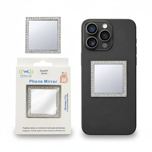 Wireless City Square Phone Mirror Stick-On Silver Diamond Bling Mini Makeup Mirror with Cubic Zirconia 5cm Adhesive Mirror Sticker for Phone Case Pocket Touch-Up Selfie Mirror for Women