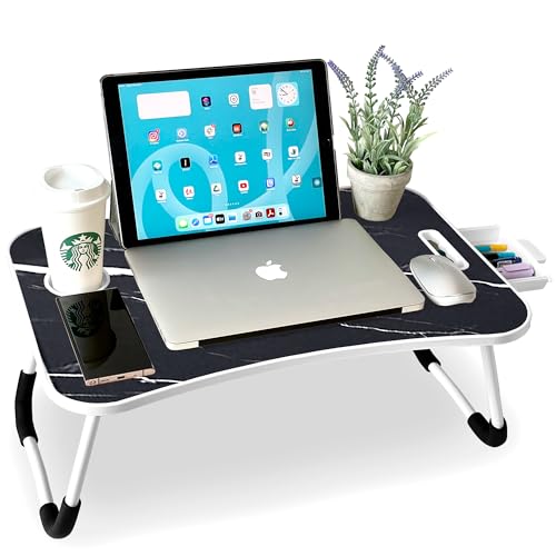 unycos - Vassoio per la Colazione e da Letto【60x40x26 cm】Tavolo Pieghevole con Leggio, Supporto Multifunzionale per Computer Portatile, Tablet, Lavorare, Leggere (Marmo con Cassetto)