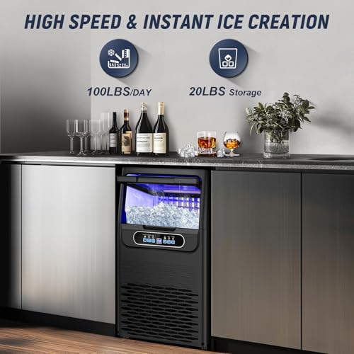 Image of SOZT Under Counter Ice Maker Machine, 100LBS /24H, 20LBS Capacity | Commercial Ice Maker, Self-Cleaning Freestanding Stainless Steel Ice Cube Maker for Home, Bar, Restaurant, Office