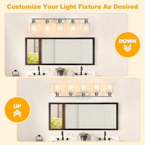 Image of Unicozin Bathroom Light Fixtures, 5 Light Vanity Lights for Bathroom, Brushed Nickel Wall Lamp with Clear Glass for Mirror, Living Room, Hallway, Cabinet, E26 Base