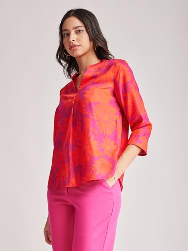 Image of FableStreet Women Shirt Work & Casual | Relaxed Fit Mandarin V-Neck Three-Quarter Sleeves Solid Pattern | Breathable Woven Fabric for Office & Everyday Wear