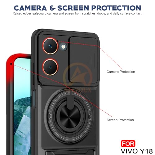 Image of Vivo Y18 /Y18E /T3 Lite Back Cover | Armor Camera Slider 360 Degree Rotating Finger Ring Holder Case with Bracket Stand Back Case Cover (Compatible with MagSafe Accessories) (Black)