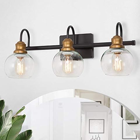 LALUZ Bathroom Light Fixtures, Vanity Lights with Oil Rubbed Bronze Finish, Antique Gold Socket, Clear Glass Shade, 22.5’’ L x 7’’ W x 9’’ H Cover