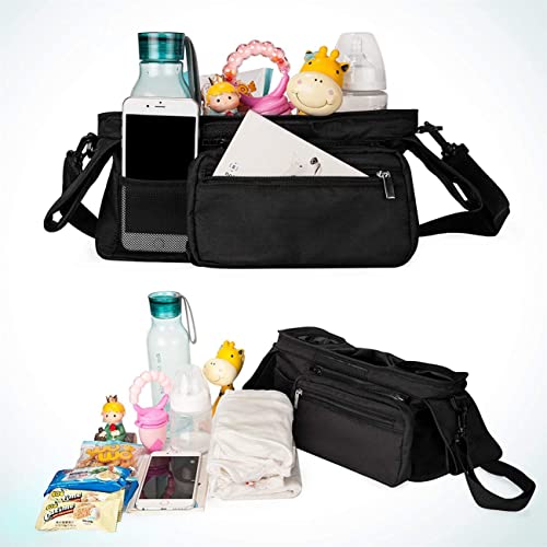 Goldmiky Kinderwagen Organizer, Buggy Kinderwagentasche, Universelle Kinderwagen-Aufbewahrungstasche mit 2 isolierten Getränkehaltern und Schultergurt, Großer Stauraum Buggy Organizer (Schwarz)