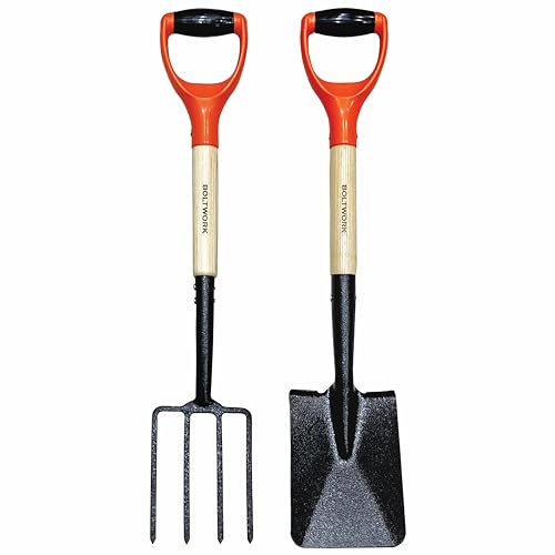BOLTWORK Juego de palas y tenedores de jardín micro de 76 cm de largo para excavar suelos endurecidos, cabezales de horquilla y cuchillas de mango de madera de PVC, 1% de valor de venta se donará al