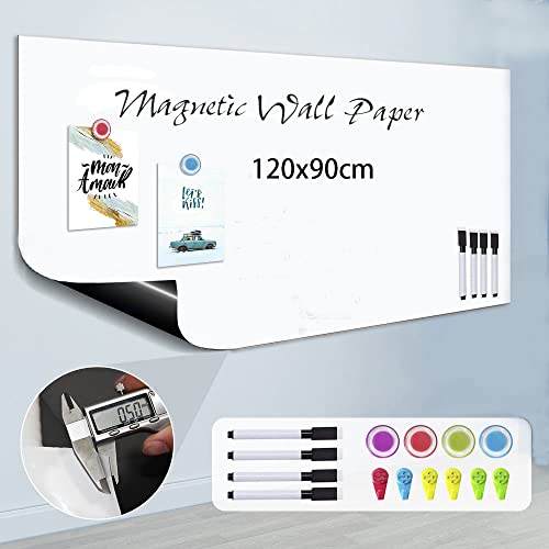 ZHIDIAN Magnetic Whiteboard Sticker 120 x 90 cm (47" x 15") DIY Self-Adhesive Dry Erase Whiteboard Paper for Wall 0.5mm Thick Board Sheets Wallpaper for School/Office/Home with 4 Markers + 4 Magnets