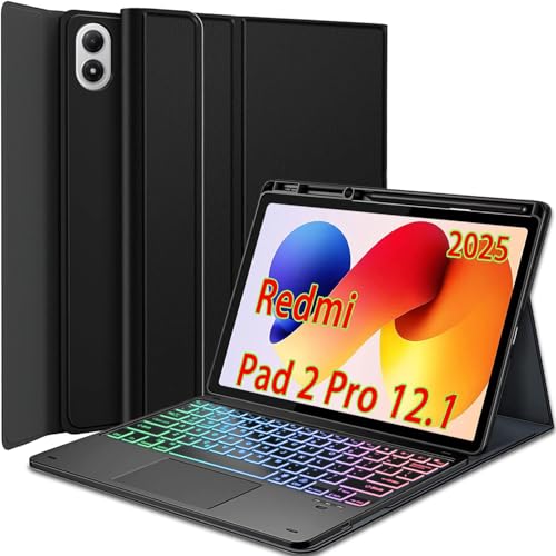 Nanhent Touchpad Keyboard Case for Xiaomi Redmi Pad 2 Pro 12.1 Inch 2025 Tablet, 7 Color Rainbow Backlight Detachable Bluetooth Trackpad Keyboard Folio Smart Cover with Pen Holder