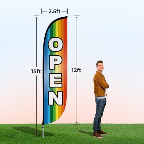 Image of LookOurWay Feather Flag Pole Kit - 12 Feet Tall Advertising Flag Banner with Fiberglass Pole Kit and Ground Spike for Business Promotion - Grand Opening Flags - Open Rainbow (10M1200272)