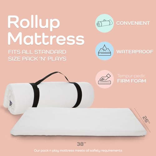 Waterproof Pack N Play Mattress Topper - Twin (38'' x 26'') | Roll Up Style - Breathable Soft Memory Foam - Portable Playard Mattress Topper - Baby Foam Playpen Mattresses - Plain White
