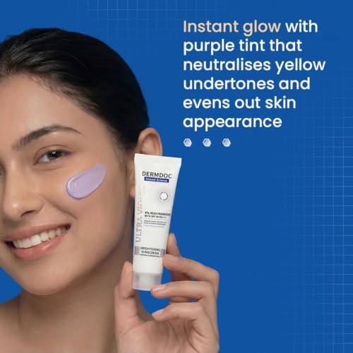 Image of DERMDOC 4% Niacinamide Ultra Violet Brightening Sunscreen with SPF 50 PA+++ Sun Protection | (20 gm Pack of 2) | | Sunblock I for Oily Skin I UV Protection | Purple Tinted