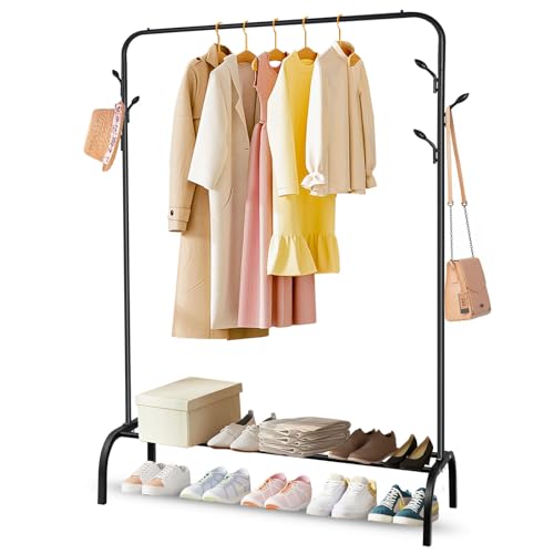 SKY-TOUCH Multipurpose Clothing Garment Rack with Bottom Shelves Metal Clothes Stand Rack with Rod and Lower Storage Shelf Heavy Duty Coat Rack and Shoe Bench Storage Stand for Indoor Bedroom