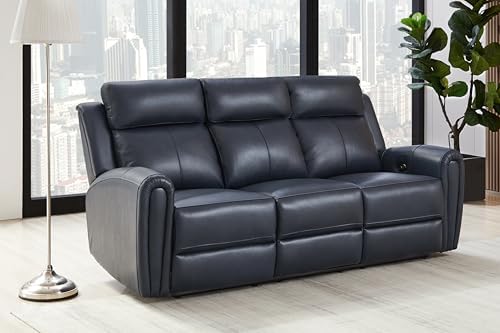 THSUPER Power Real Top Grain Genuine Leather Reclining Sofa Set, Recliner Sofa for Living Room with USB Port/Drop Down Table and Ergonomic High Backrest, Blue