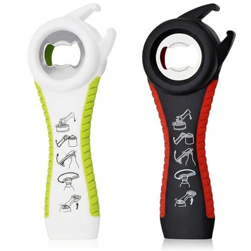 2 Pack 5-in-1 Can Bottle Jar Opener, Multi-function Easy Grip Twist-Off Lid Opener for Seniors, Weak Grip & Hand Strength, Home Kitchen Accessories(Black/Red, White/Green)