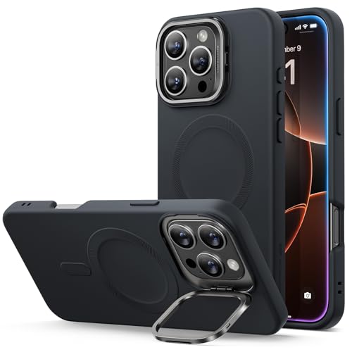 Image of ESR for iPhone 16 Pro Case, Silicone Case with Stand, Compatible with MagSafe, Military-Grade Protection, Built-in Camera Stash Stand, Magnetic Phone Case for iPhone 16 Pro, Cloud Series, Black