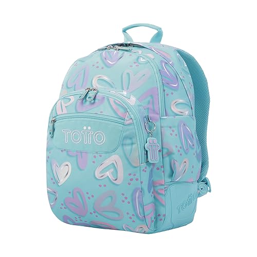 TOTTO - Mochila Escolar, Modelo Crayoles, Capacidad 20 L, Neceser Extraíble y Bolsa Calzado, Bolsillo para Botella, Espaldar Ergonómico con Flujo de Aire, Resistente, Estampado Corazones Pintados