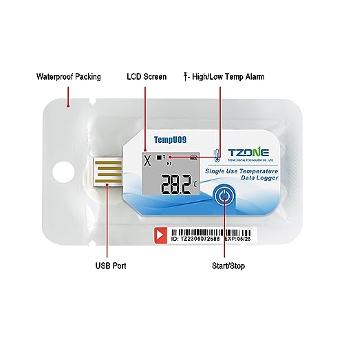 Image of Tzone Disposable Temperature Data Logger USB Digital Temp Recorder 1 Pack | PDF /CSV Report,IP67 Waterproof,32000 Recording,for Medical Refrigerator Transport,Single Use Freezer Thermometer Datalogger