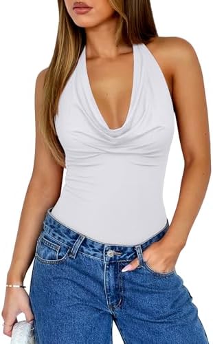 REORIA Womens Sexy Cowl Neck Halter Body Suits Summer Open Back B...