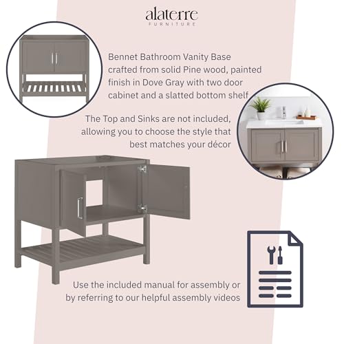 Image of Alaterre Furniture Bennet Bathroom Vanity Cabinet with Soft-Close Shaker Doors and Open Shelf - 36-Inch Freestanding Wood Vanity Without Sink - Single Sink Base (Gray)