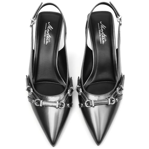 Image of Mostrin Kitten Heels for Women Pointed Toe Pumps Patent Leather Low Heel Slingback Heels with Buckle Dress Shoes for Dating Party Working