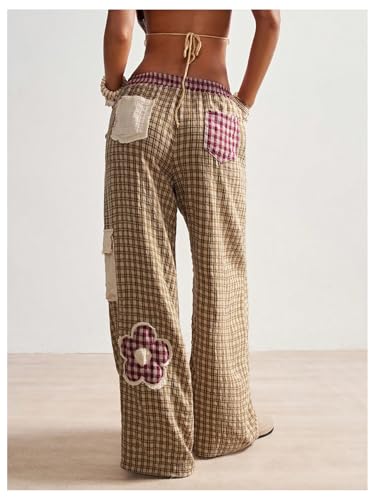 Women's Floral Patch Baggy Pants Plaid Drawstring Waist Wide Leg Causal Trousers with Pockets2